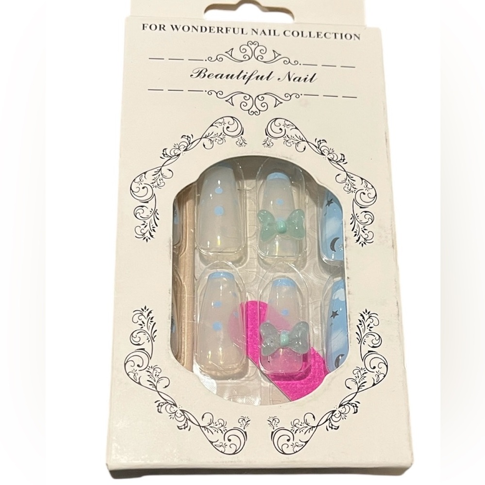 Sethexy Long Coffin Beautiful Nail Blue & White Nails With Bows Discontinued